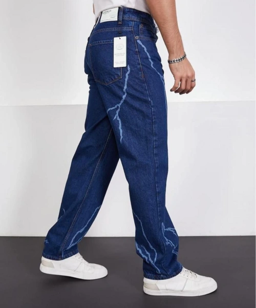 Koyu Mavi Şimşek-yıldırım Desenli Baggy Kot Pantolon Oversize Jeans Lazer Baskılı Phantom Jeans
