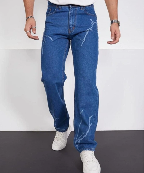 Şimşek-yıldırım Mavi Desenli Baggy Kot Pantolon Oversize Jeans Lazer Baskılı Phantom Jeans By Macera