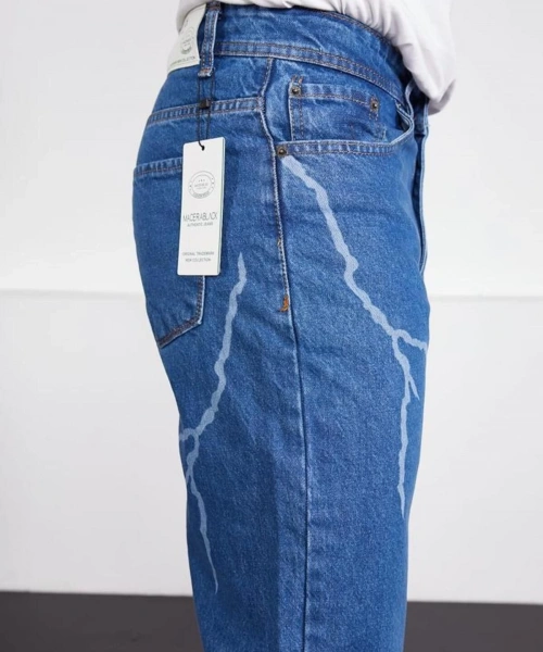 Şimşek-yıldırım Mavi Desenli Baggy Kot Pantolon Oversize Jeans Lazer Baskılı Phantom Jeans By Macera