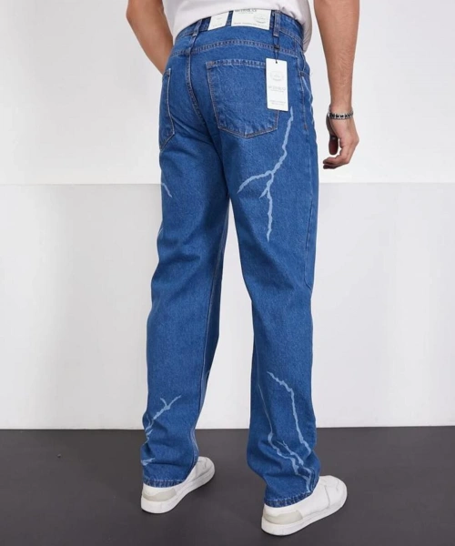 Şimşek-yıldırım Mavi Desenli Baggy Kot Pantolon Oversize Jeans Lazer Baskılı Phantom Jeans By Macera