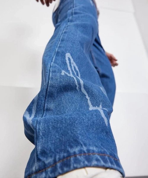 Şimşek-yıldırım Mavi Desenli Baggy Kot Pantolon Oversize Jeans Lazer Baskılı Phantom Jeans By Macera