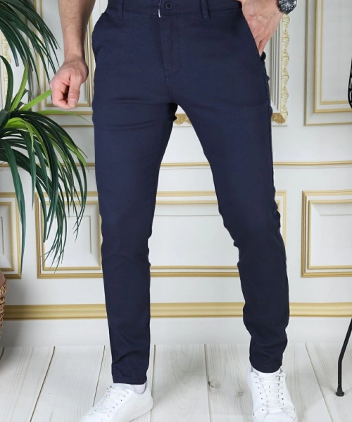 Erkek Lacivert Slim Fit Likralı Yan Cepli Armürlü Ekose Dar Kesim Esnek Şık Chino Kanvas Pantolon
