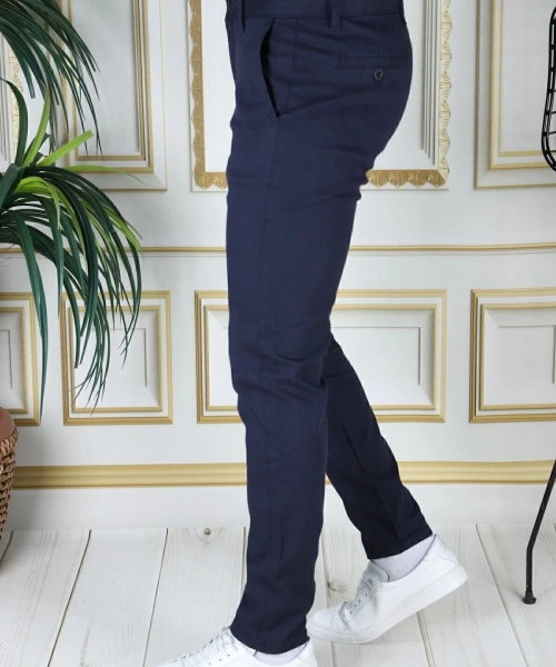 Erkek Lacivert Slim Fit Likralı Yan Cepli Armürlü Ekose Dar Kesim Esnek Şık Chino Kanvas Pantolon
