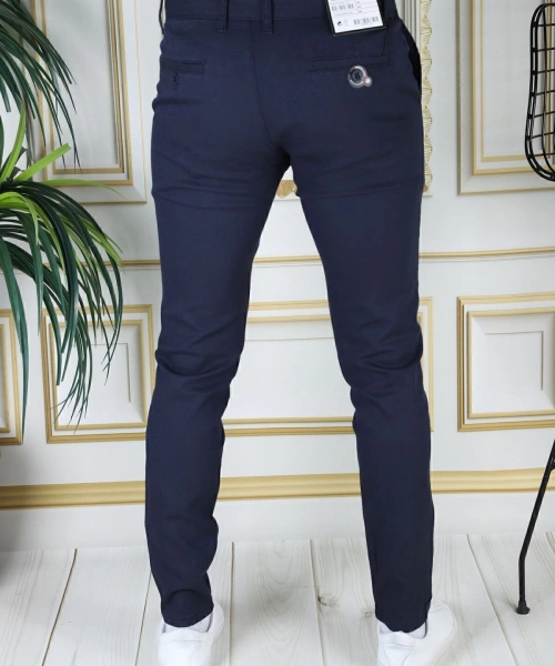 Erkek Lacivert Slim Fit Likralı Yan Cepli Armürlü Ekose Dar Kesim Esnek Şık Chino Kanvas Pantolon