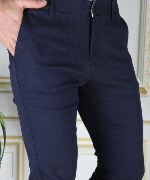 Erkek Lacivert Slim Fit Likralı Yan Cepli Armürlü Ekose Dar Kesim Esnek Şık Chino Kanvas Pantolon