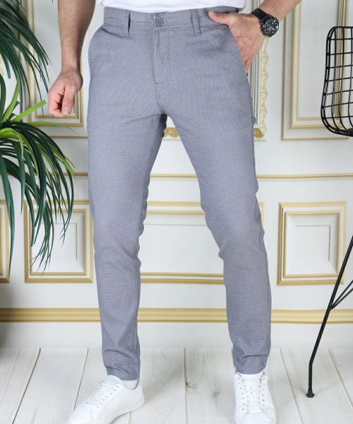 Erkek Mavi Slim Fit Likralı Yan Cepli Armürlü Ekose Dar Kesim Esnek Şık Chino Kanvas Pantolon