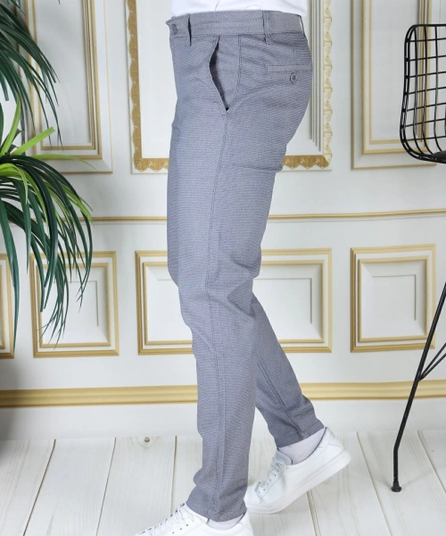 Erkek Mavi Slim Fit Likralı Yan Cepli Armürlü Ekose Dar Kesim Esnek Şık Chino Kanvas Pantolon
