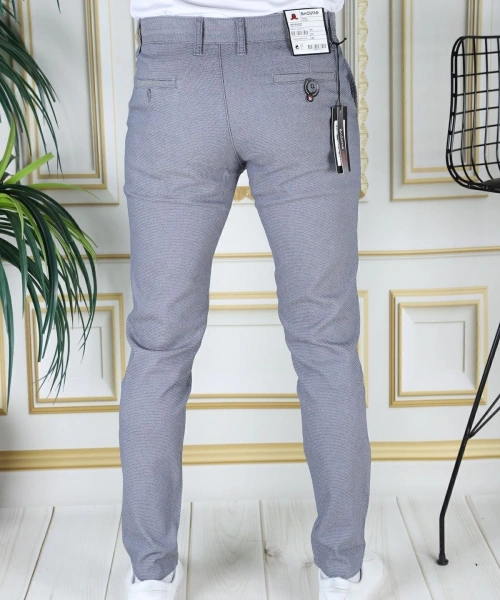 Erkek Mavi Slim Fit Likralı Yan Cepli Armürlü Ekose Dar Kesim Esnek Şık Chino Kanvas Pantolon