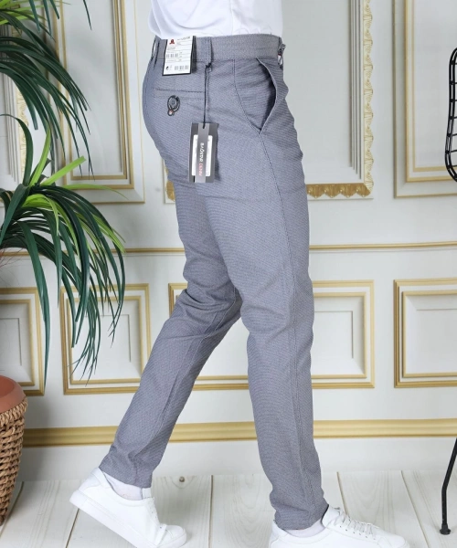 Erkek Mavi Slim Fit Likralı Yan Cepli Armürlü Ekose Dar Kesim Esnek Şık Chino Kanvas Pantolon