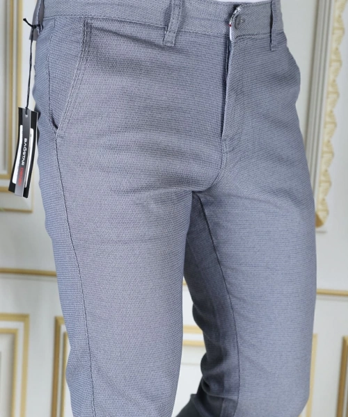 Erkek Mavi Slim Fit Likralı Yan Cepli Armürlü Ekose Dar Kesim Esnek Şık Chino Kanvas Pantolon