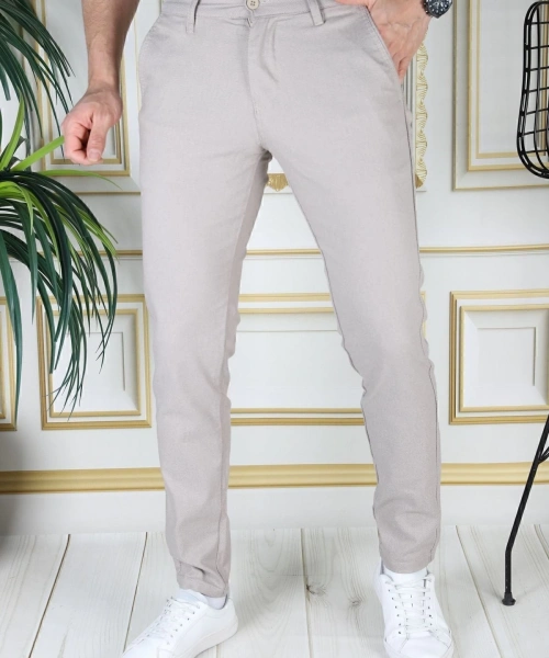 Erkek Taş Renk Slim Fit Likralı Yan Cep Armürlü Ekose Kumaş Darkesim Esnek Şık Chino Kanvas Pantolon