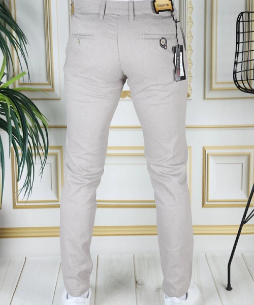 Erkek Taş Renk Slim Fit Likralı Yan Cep Armürlü Ekose Kumaş Darkesim Esnek Şık Chino Kanvas Pantolon