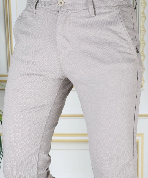 Erkek Taş Renk Slim Fit Likralı Yan Cep Armürlü Ekose Kumaş Darkesim Esnek Şık Chino Kanvas Pantolon