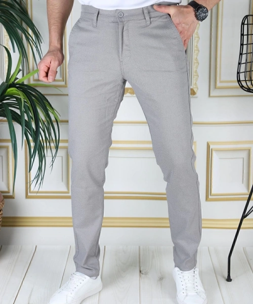 Erkek Gri Slim Fit Likralı Yan Cepli Armürlü Dar Kesim Esnek Şık Chino Kanvas Keten Pantolon