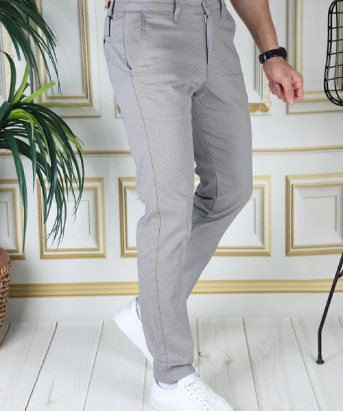 Erkek Gri Slim Fit Likralı Yan Cepli Armürlü Dar Kesim Esnek Şık Chino Kanvas Keten Pantolon