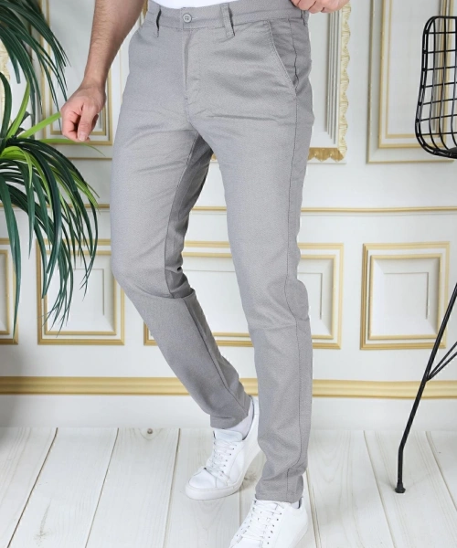 Erkek Gri Slim Fit Likralı Yan Cepli Armürlü Dar Kesim Esnek Şık Chino Kanvas Keten Pantolon