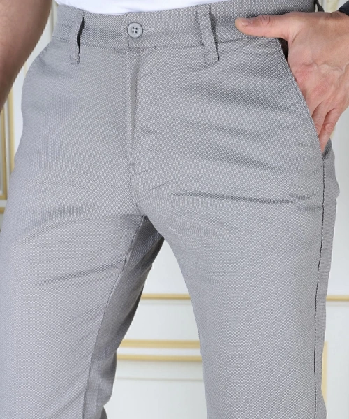 Erkek Gri Slim Fit Likralı Yan Cepli Armürlü Dar Kesim Esnek Şık Chino Kanvas Keten Pantolon