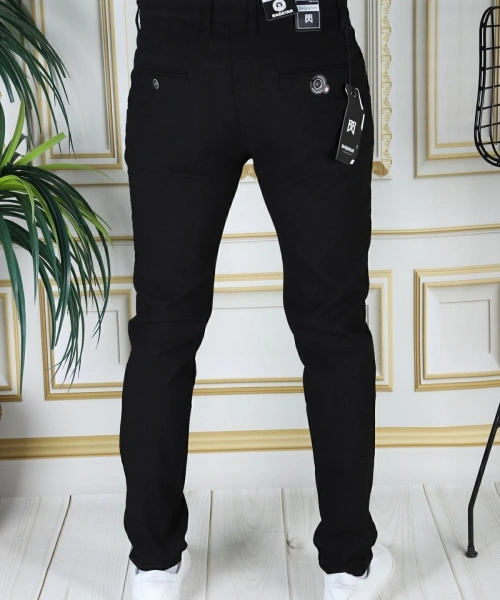 Erkek Siyah Yandan Cepli Armürlü Slim Fit Pantolon Dar Kesim Pantolon Esnek Chino Kanvas Keten