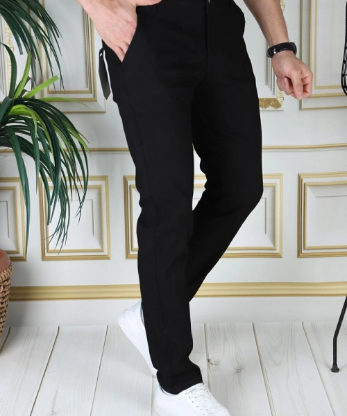 Erkek Siyah Yandan Cepli Armürlü Slim Fit Pantolon Dar Kesim Pantolon Esnek Chino Kanvas Keten