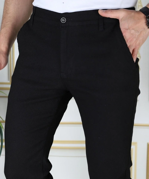 Erkek Siyah Yandan Cepli Armürlü Slim Fit Pantolon Dar Kesim Pantolon Esnek Chino Kanvas Keten