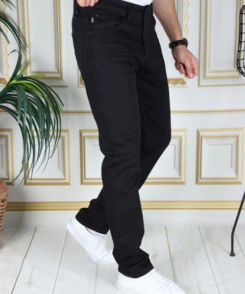 Erkek Siyah Üstten Cepli Armürlü Regular Fit Rahat Kesim Esnek Chino Keten/kanvas Koton Pantolon
