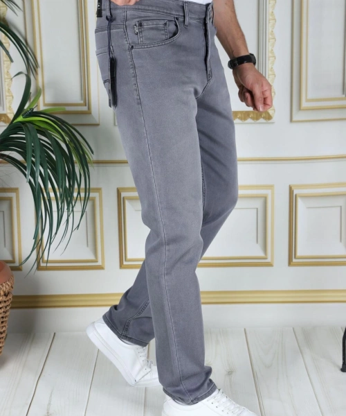 Erkek Gri Üstten Cepli Armürlü Regular Fit Rahat Kesim Esnek Chino Keten/kanvas Koton Pantolon