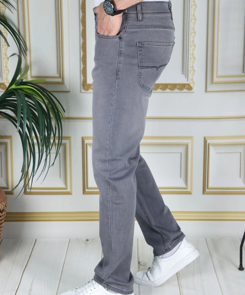 Erkek Gri Üstten Cepli Armürlü Regular Fit Rahat Kesim Esnek Chino Keten/kanvas Koton Pantolon