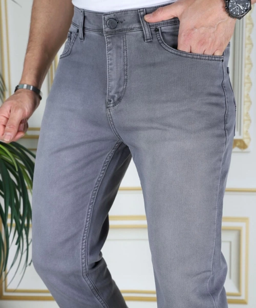 Erkek Gri Üstten Cepli Armürlü Regular Fit Rahat Kesim Esnek Chino Keten/kanvas Koton Pantolon