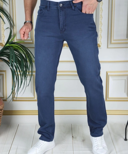 Erkek Mavi Üstten Cepli Armürlü Regular Fit Rahat Kesim Esnek Chino Keten/kanvas Koton Pantolon