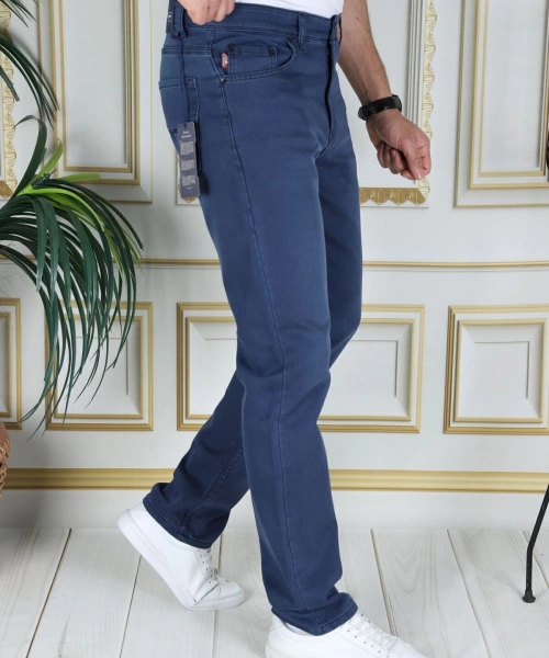 Erkek Mavi Üstten Cepli Armürlü Regular Fit Rahat Kesim Esnek Chino Keten/kanvas Koton Pantolon