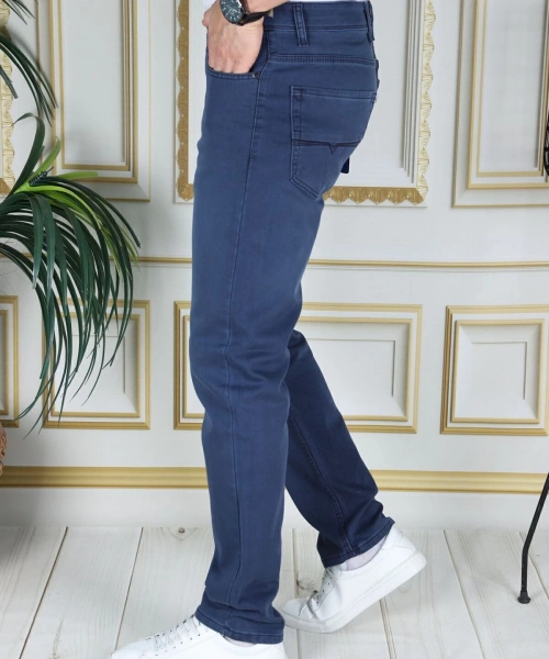 Erkek Mavi Üstten Cepli Armürlü Regular Fit Rahat Kesim Esnek Chino Keten/kanvas Koton Pantolon