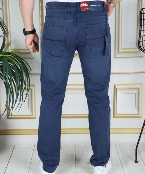 Erkek Mavi Üstten Cepli Armürlü Regular Fit Rahat Kesim Esnek Chino Keten/kanvas Koton Pantolon