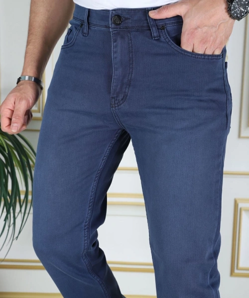 Erkek Mavi Üstten Cepli Armürlü Regular Fit Rahat Kesim Esnek Chino Keten/kanvas Koton Pantolon