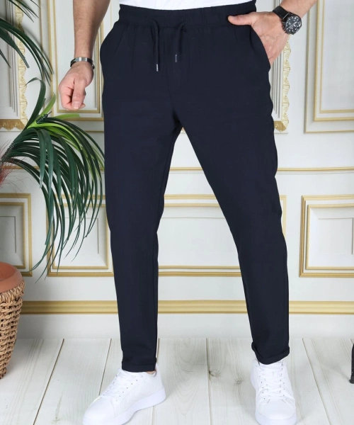 Erkek Lacivert Italyan Kesim Esnek Slim Fit Likralı Lastikli Duble Paça Kumaş Pantolon Okul