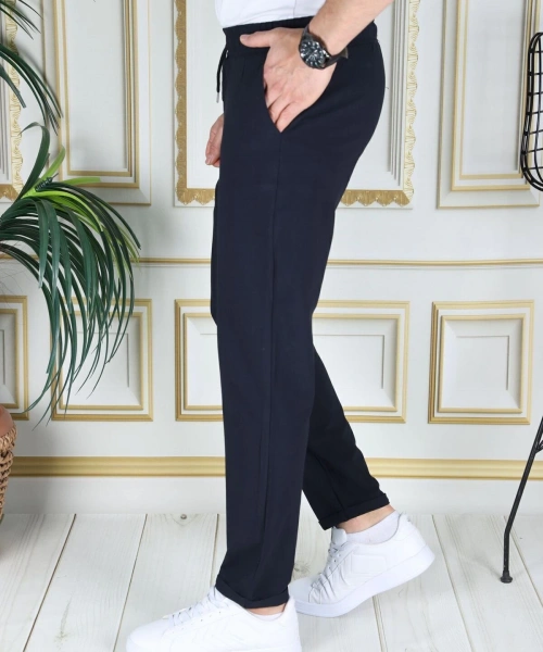 Erkek Lacivert Italyan Kesim Esnek Slim Fit Likralı Lastikli Duble Paça Kumaş Pantolon Okul