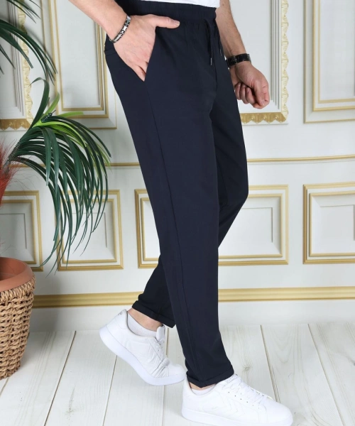 Erkek Lacivert Italyan Kesim Esnek Slim Fit Likralı Lastikli Duble Paça Kumaş Pantolon Okul