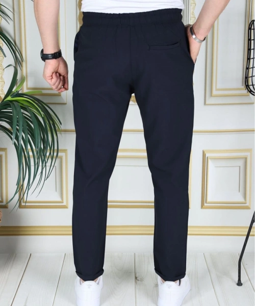 Erkek Lacivert Italyan Kesim Esnek Slim Fit Likralı Lastikli Duble Paça Kumaş Pantolon Okul