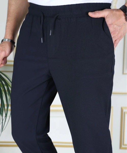 Erkek Lacivert Italyan Kesim Esnek Slim Fit Likralı Lastikli Duble Paça Kumaş Pantolon Okul
