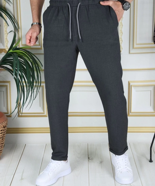 Erkek Koyu Gri Italyan Kesim Esnek Slim Fit Likralı Lastikli Duble Paça Kumaş Pantolon Okul
