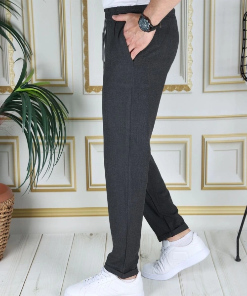 Erkek Koyu Gri Italyan Kesim Esnek Slim Fit Likralı Lastikli Duble Paça Kumaş Pantolon Okul