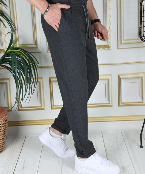Erkek Koyu Gri Italyan Kesim Esnek Slim Fit Likralı Lastikli Duble Paça Kumaş Pantolon Okul