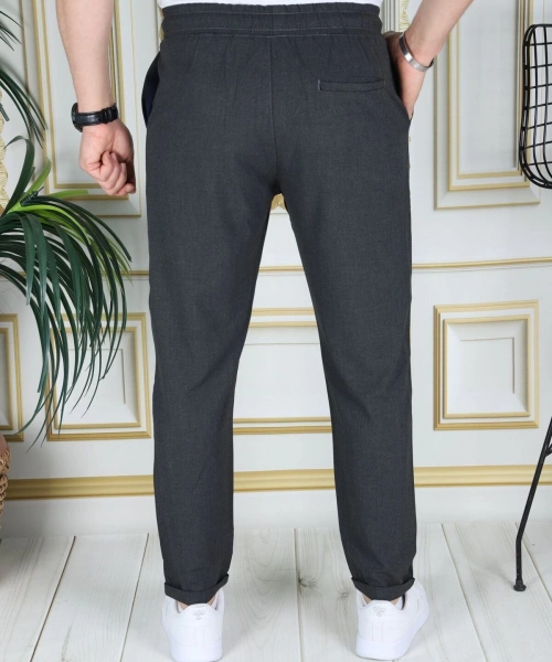 Erkek Koyu Gri Italyan Kesim Esnek Slim Fit Likralı Lastikli Duble Paça Kumaş Pantolon Okul
