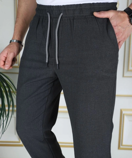 Erkek Koyu Gri Italyan Kesim Esnek Slim Fit Likralı Lastikli Duble Paça Kumaş Pantolon Okul
