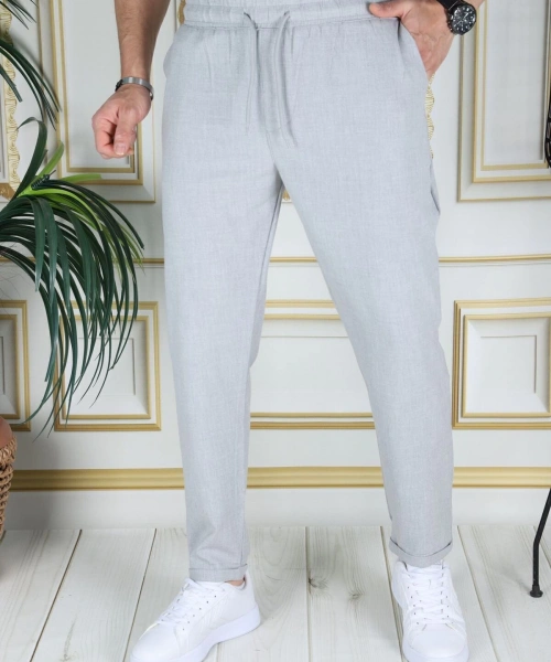 Erkek Italyan Kesim Açık Gri Esnek Slim Fit Likralı Lastikli Duble Paça Kumaş Pantolon Okul