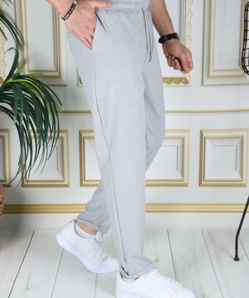 Erkek Italyan Kesim Açık Gri Esnek Slim Fit Likralı Lastikli Duble Paça Kumaş Pantolon Okul
