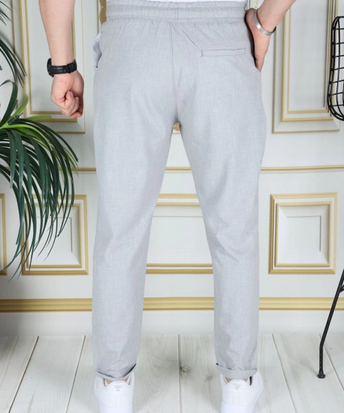 Erkek Italyan Kesim Açık Gri Esnek Slim Fit Likralı Lastikli Duble Paça Kumaş Pantolon Okul