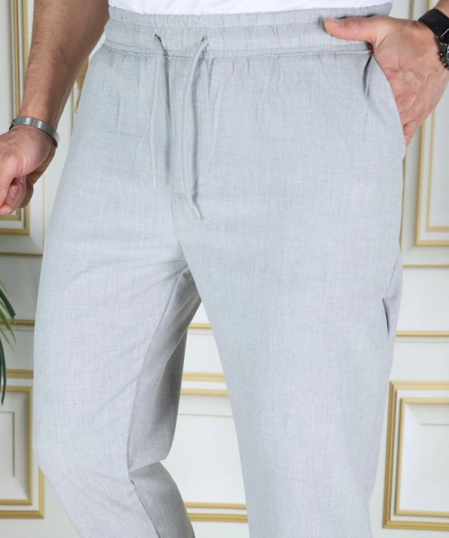 Erkek Italyan Kesim Açık Gri Esnek Slim Fit Likralı Lastikli Duble Paça Kumaş Pantolon Okul