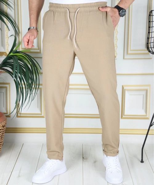 Erkek Hardal Italyan Kesim Esnek Slim Fit Likralı Lastikli Duble Paça Kumaş Pantolon Okul