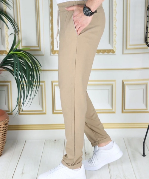 Erkek Hardal Italyan Kesim Esnek Slim Fit Likralı Lastikli Duble Paça Kumaş Pantolon Okul