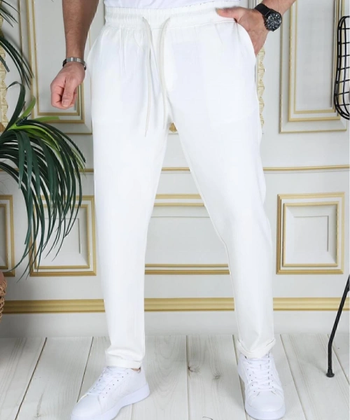 Erkek Beyaz Italyan Kesim Slim Fit Likralı Lastikli Duble Paça Kumaş Pantolon Okul Hemşire